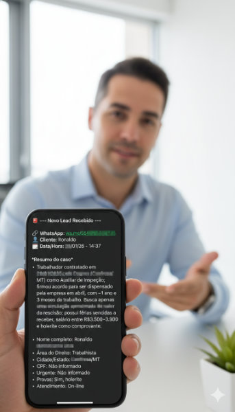 Homem mostrando celular com notificação de novo lead recebido