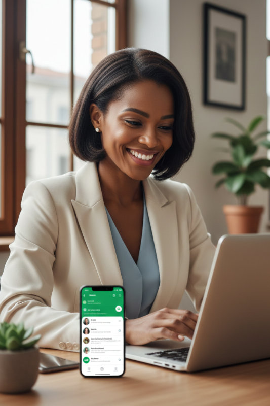 Mulher sorrindo trabalhando no laptop com celular mostrando WhatsApp organizado