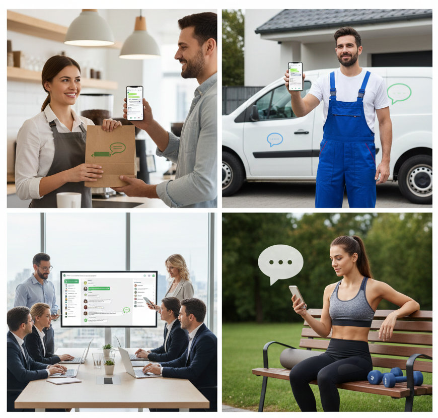 Diversos profissionais usando WhatsApp: comerciante, prestador de serviço, equipe de vendas e profissional de saúde